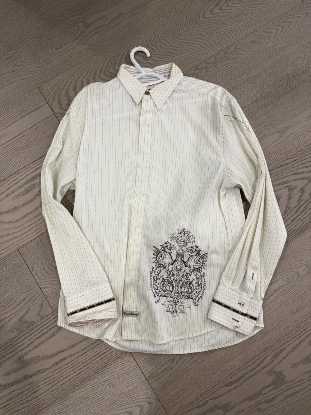 English Laundry Cream Pinstripe Embroidered Crest Shirt Jacket